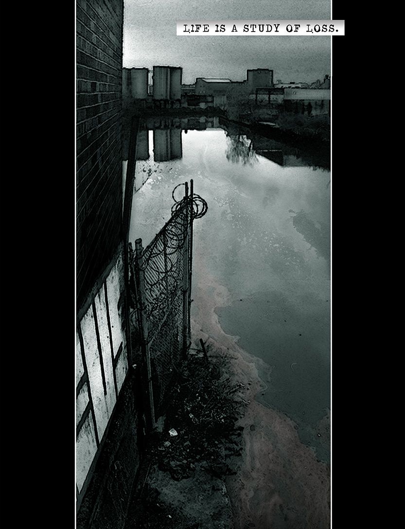 Polluted waterway, barbed wire, graffiti on wall of an industrial skyline from the comic book series: THE FLOOD ~ a salvation myth