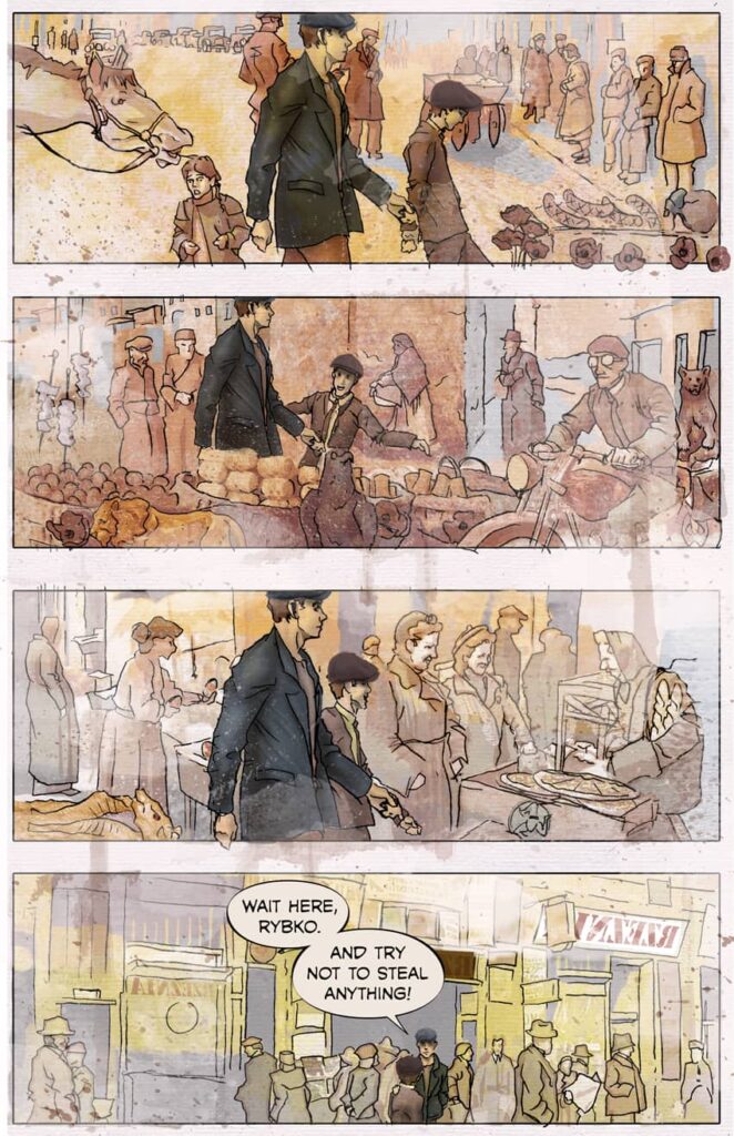 Wojciech clowns around with Antoni as he saunters through the crowded open air market.